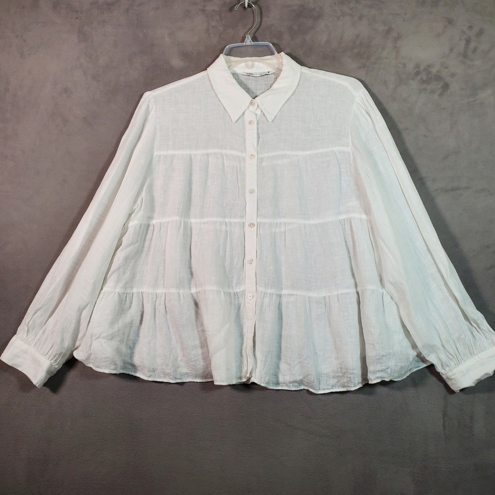 Zara Blouse Women XXL White Tiered Ruffle Linen Blend Button Coastal Cottage